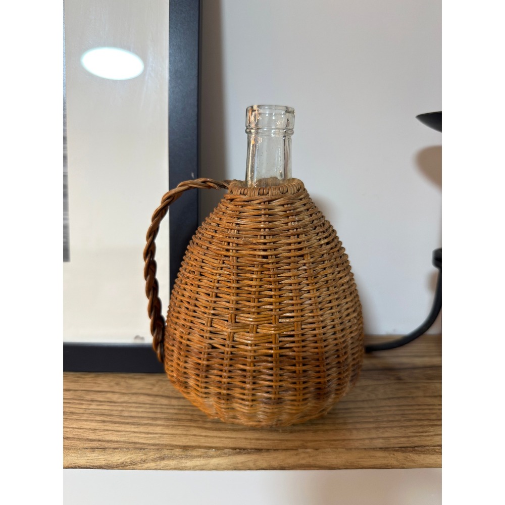Vintage Wicker Wrapped Glass Demijohn Bottle Jug Vase Decanter Rustic Boho Decor